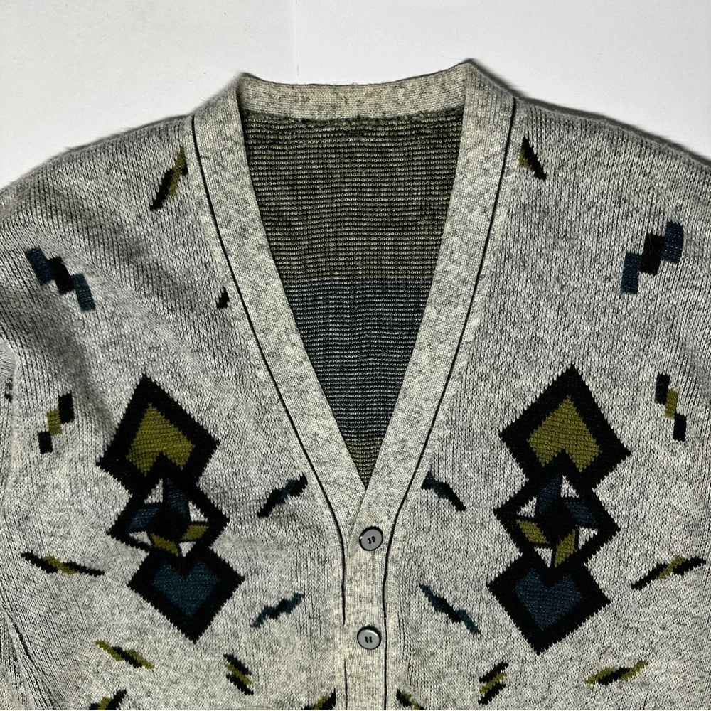 Vintage 90s Men’s Cardigan Sweater Geometric Abstract Gray XL*